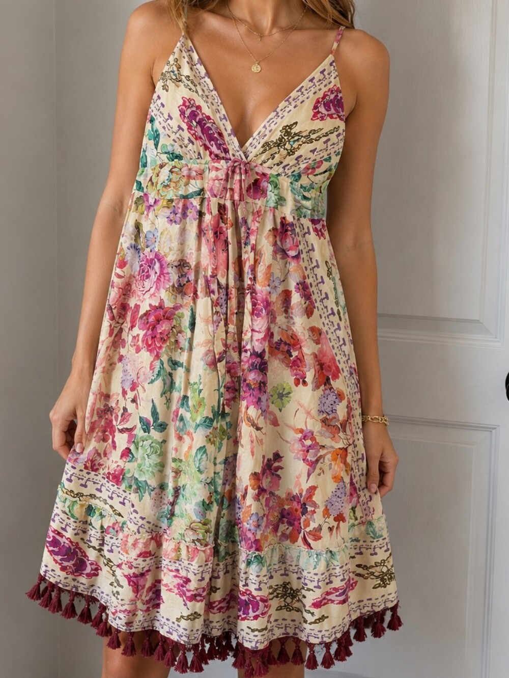 POL Floral Maxi Dress Women's Size S Beige Pink Embellished Tassel Hem